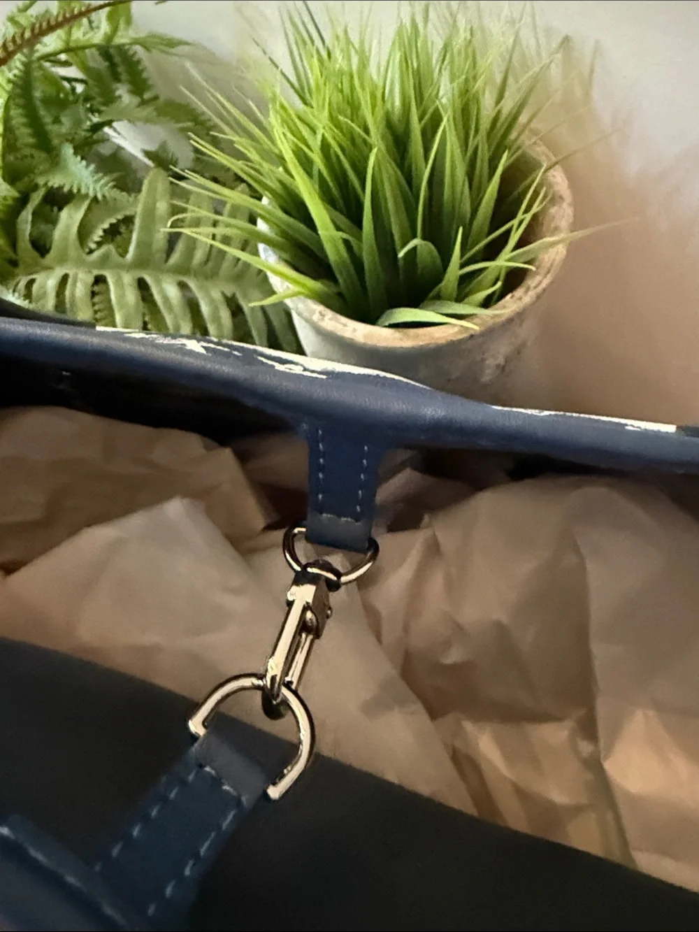 Blue White Tote Bag with Logo Pattern
